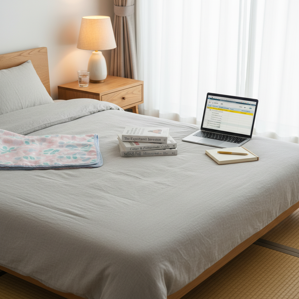 A cozy, minimalist Japanese bedroom corner dedicated to pregnancy preparation, without any people. A neatly made light-gray bed is topped with a folded pastel maternity blanket, a stack of baby and career-planning books, and a slim laptop showing a budgeting spreadsheet on its screen. Beside the bed, a small oak nightstand holds a glass of water, a simple lamp with warm light, and a closed notebook with a pen. Soft diffused afternoon sunlight streams through sheer curtains, blending with the warm lamp glow to create a serene, hopeful atmosphere. Photographic realism, shot from a slightly elevated angle, with a balanced, uncluttered composition that reflects a professional yet gentle approach to preparing for a new life phase.