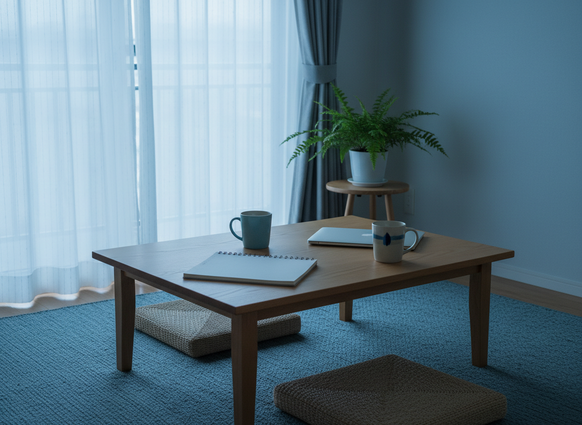 A natural, candid Japanese living-dining room scene in soft blue tones, with a wooden table, ceramic mugs, an open notebook, and a laptop, early evening window light, no people, no visible text or characters anywhere, photographic realism, not looking AI-generated